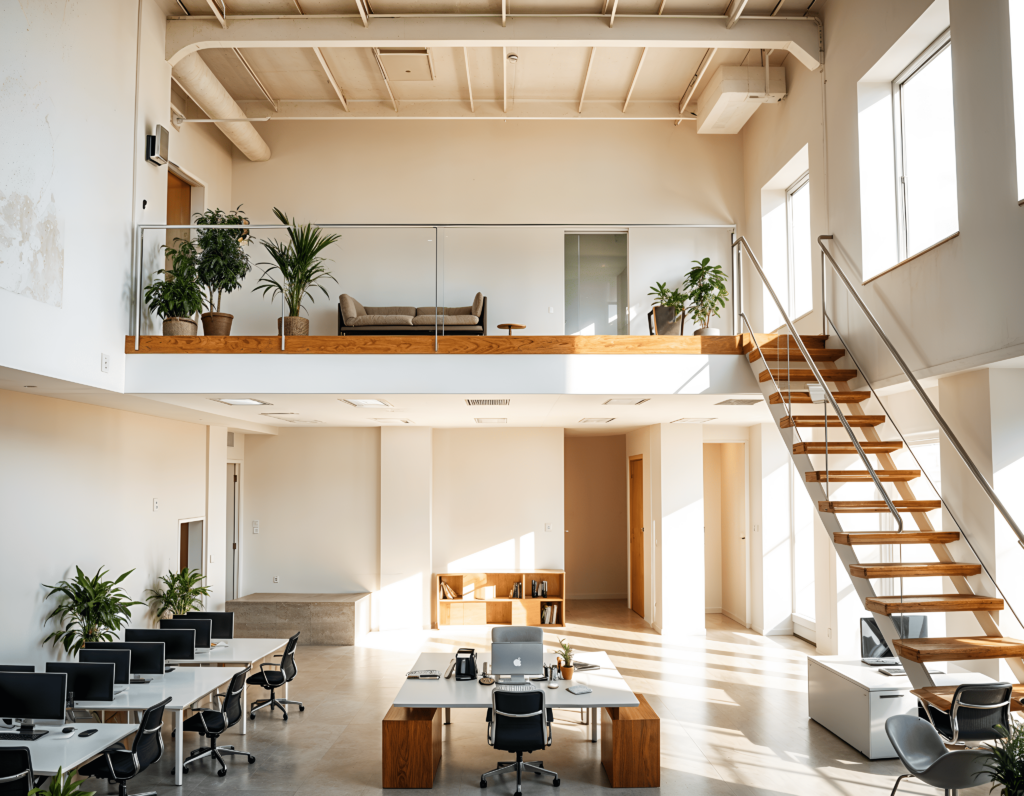 Office with Mezzanine Flooring Accessed by Mezzanine Staircase